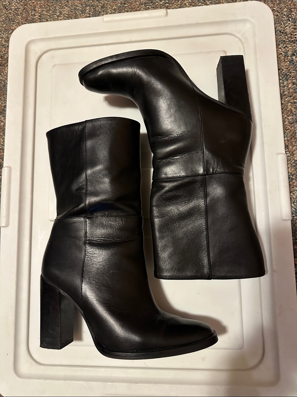Massimo Dutti Black Leather Mid-Calf Block Heel Boots